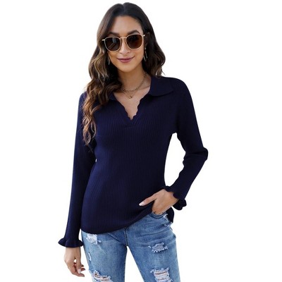 Womens Polo Sweaters V Neck Long Sleeve Collared Sweater Fall Lightweight Knit Pullover Jumper Tops Ruffle Casual Knitwear