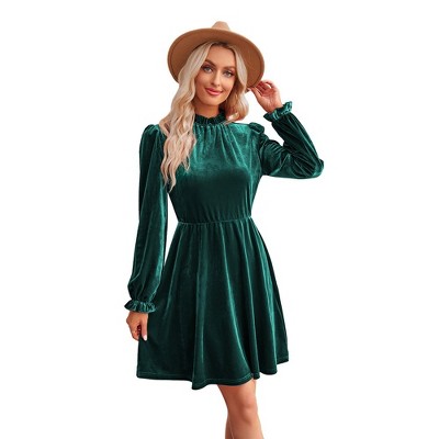 Women's Velvet Dress Elastic Waistline Fall Long Sleeve Wedding Guest Short Wrap Tunic Formal ...