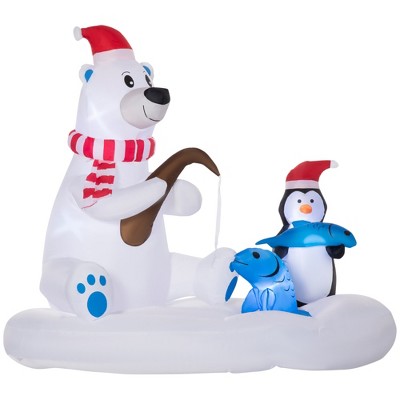 Outsunny 6ft Christmas Inflatables Outdoor Decorations Polar Bear and Penguin with Santa's Hat Fishing on Board, Blow-Up LED Yard Christmas Decor