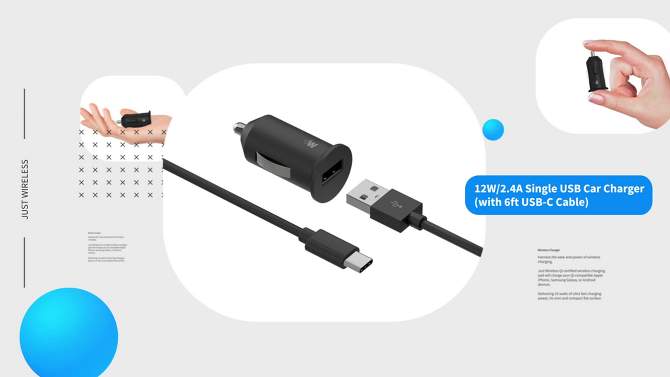 Just Wireless 2.4A/12W 1-Port USB-A Car Charger with 6&#39; TPU USB-C to USB-A Cable - Black, 2 of 14, play video