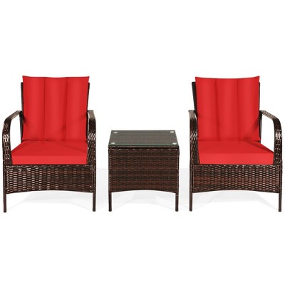 Tangkula 3PCS Patio Rattan Conversation Set Outdoor Furniture Set w/ Table Cushions