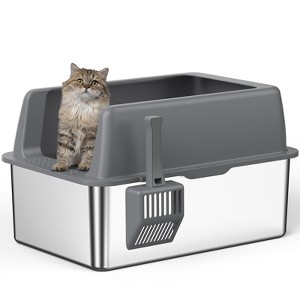 Stainless Steel Litter Box with Lid, 8” Deep, XL Metal Litter Box for Big Cats, Non-Sticky, Easy to Clean, Anti-Urine Leakage, Gray - 1 of 4