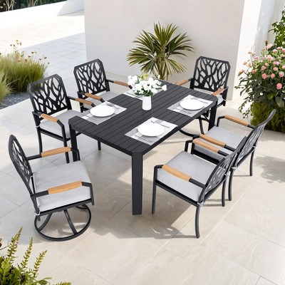 Christopher Knight Home Alma 7pcs Modern Patio Upholstered Aluminum Dining Set with Sunbrella Cushions and Two Swivel Chairs