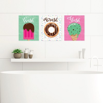 Big Dot of Happiness Sweet Shoppe - Unframed Wash, Brush, Flush - Candy and Bakery Bathroom Wall Art - 8 x 10 inches - Set of 3 Prints
