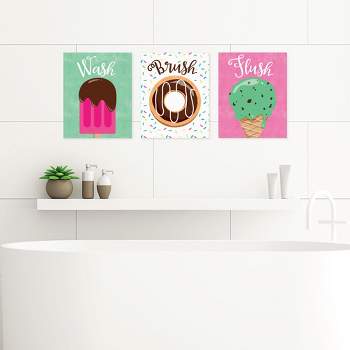 Big Dot of Happiness Sweet Shoppe - Unframed Wash, Brush, Flush - Candy and Bakery Bathroom Wall Art - 8 x 10 inches - Set of 3 Prints