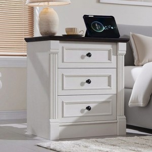 Nightstand with Charging Station & 3 Drawers, Farmhouse 23.6in Wide Nightstands with Roman Column, End Table for Bedroom - 1 of 4