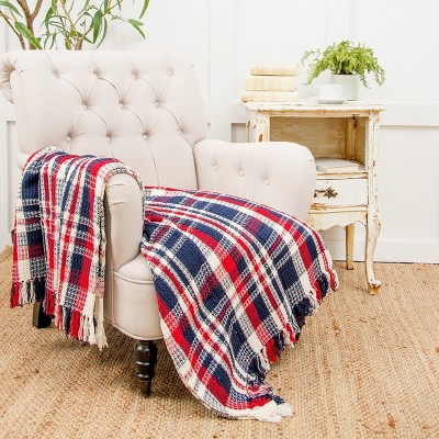 Patriotic Red White and Blue Cotton Plaid Throw Blanket