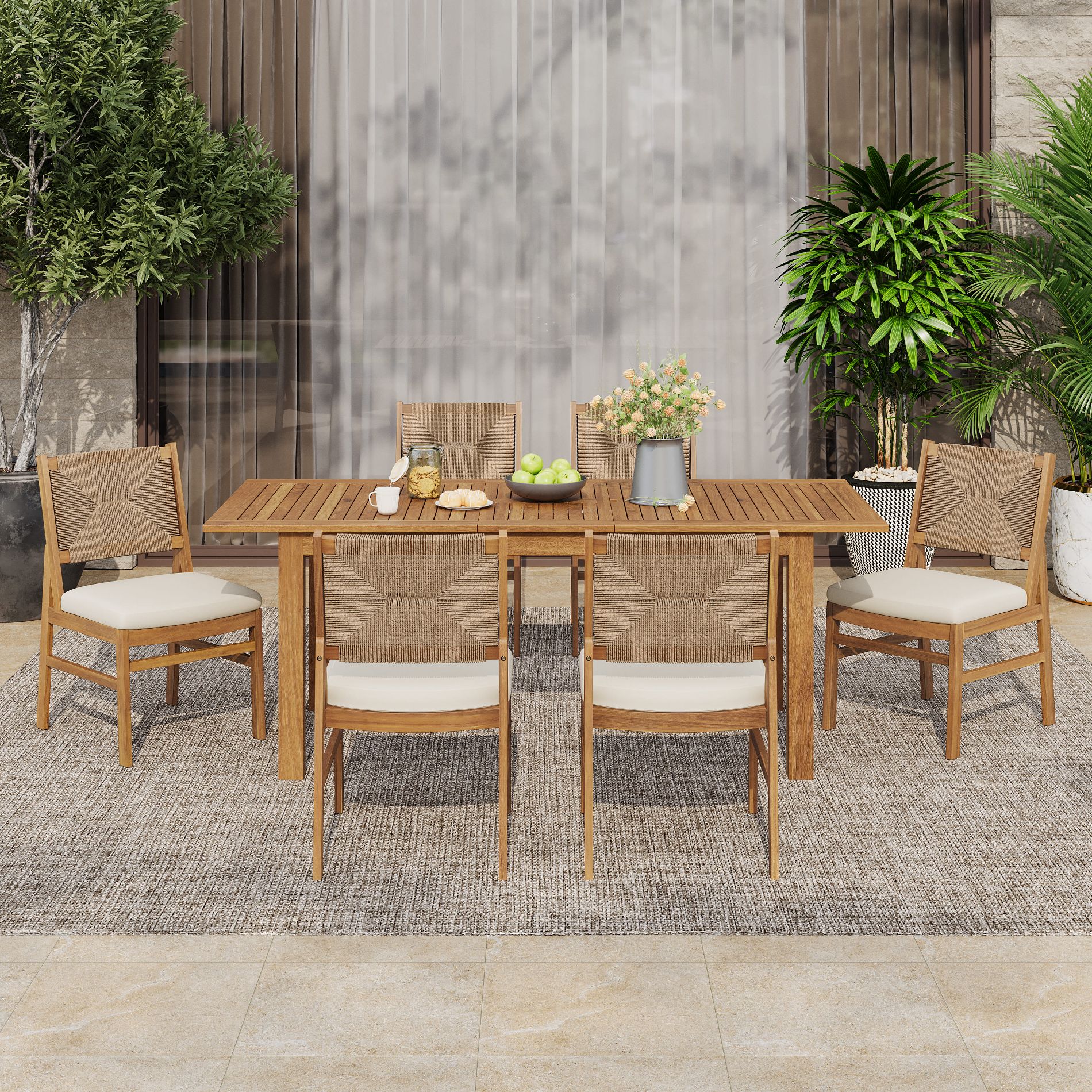 Christopher Knight Home Allison Patio Expandable Acacia Wood and Wicker Woven 7 Piece Dining Set with Cushions