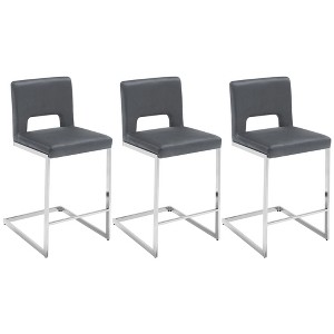 26" H Bar Stools Set of 3 - Modern Velvet Barstools with Hollow Back, Upholstered Armless Kitchen Island Stools, Gray with Chrome Metal Frame - 1 of 4