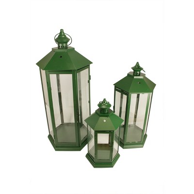 Christmas Central Set of 3 Green Traditional Style Pillar Candle Holder Lanterns 27"