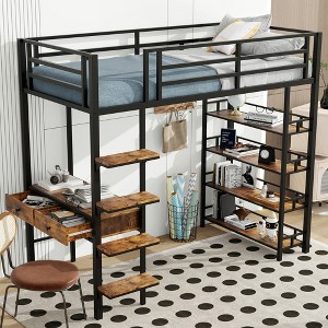 Whisen Black Metal Loft Bed with Desk and Shelves - 1 of 4