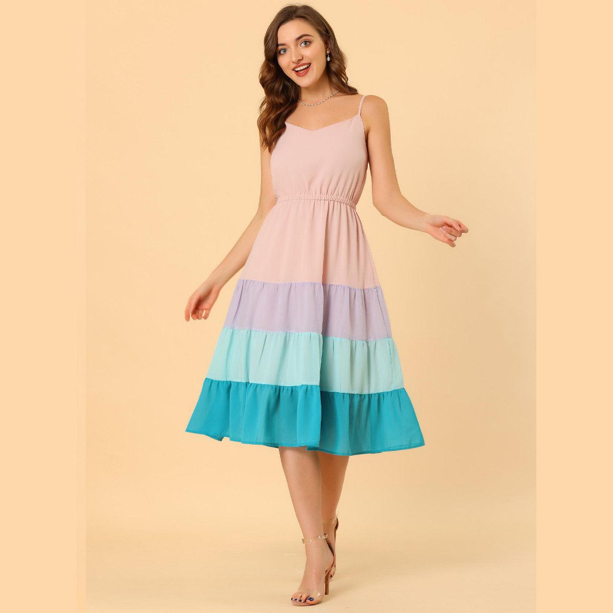 Женские платья INSPIRE CHIC Women's Summer Spaghetti Strap Flowy Swing Chiffon Midi Dress X-Small Pink — фото 3