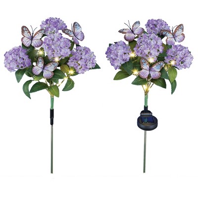 Collections Etc Solar Powered Hydrangeas and Butterflies Stakes - Set of 2