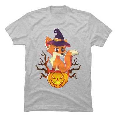 Men's Design By Humans Cute Witch Fox With Jack O Lantern Halloween Shirt By thebeardstudio T-Shirt