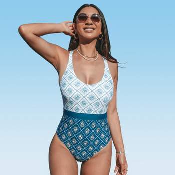 Women's Square Neck Paneled Tummy Control One Piece Swimsuit - Cupshe-xs-blue  : Target