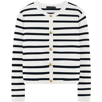 Womens Fall Cardigan Stripes Button Down Sweater Long Sleeve Cropped Casual Sweater Soft Sweater Jacket,Black Stripes - S