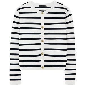 Womens Fall Cardigan Stripes Button Down Sweater Long Sleeve Cropped Casual Sweater Soft Sweater Jacket,Black Stripes - M - 1 of 4