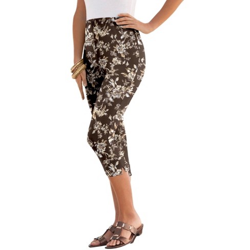 Roaman's Women's Plus Size Essential Stretch Capri Legging, 14/16 -  Chocolate Sketch Floral : Target