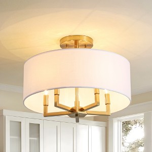 Rennnsan Brooklyn 19.8 in. 5-Light Modern Farmhouse Brushed Brass Drum Semi-Flush Mount Light with White Fabric Shade - 1 of 4