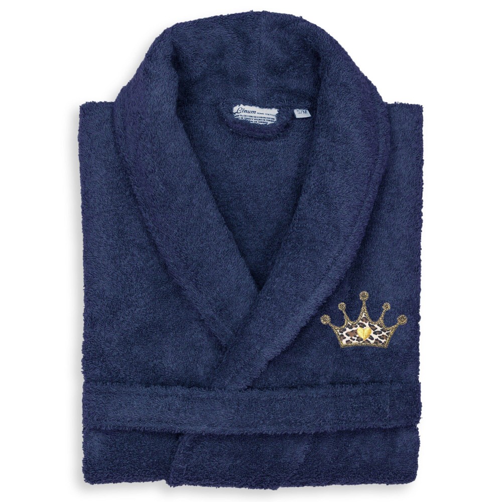 Photos - Other Textiles L/XL Terry Bathrobe with Cheetah Crown Embroidery Navy - Linum Home Textil