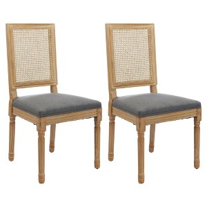 QingMoon Vintage Dining Chairs Set of 2, Wooden Decor Chairs with Square Rattan Backrest and Linen Upholstered Seat for Living Room - 1 of 4
