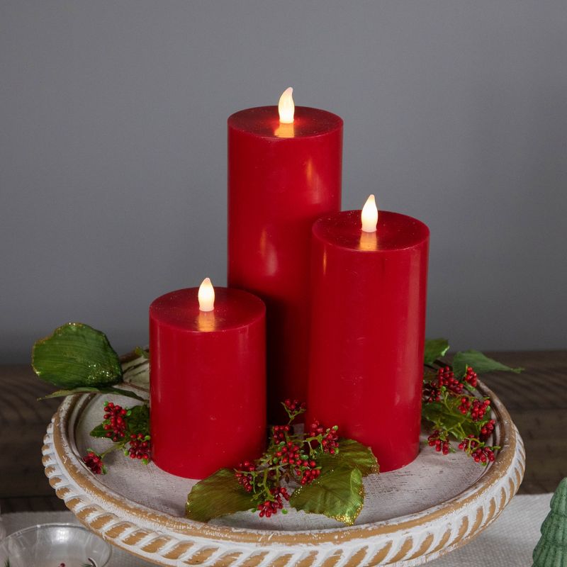 Northlight Set of 3 Flameless Solid Red Flickering LED Wax Pillar Candles 8", 3 of 7
