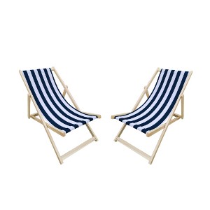 Ridstar Set of 2 Blue Striped Folding Deck Chairs for Garden, Terrace & Pool-Navy Blue - 1 of 4