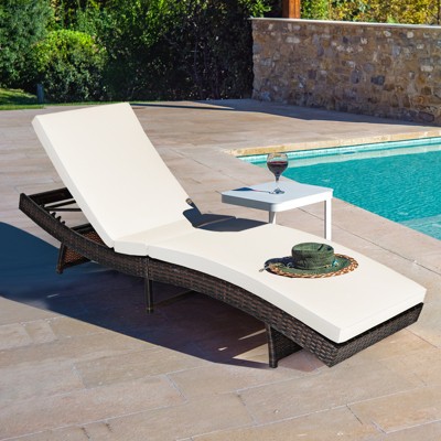 Adjustable White Cushioned Rattan Folding Chaise Lounge Chair