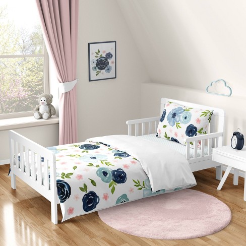 5pc Watercolor Floral Toddler Kids Bedding Set Pink And Blue