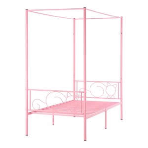 VEVOR Twin Size Canopy Bed Frame, Metal Canopy Bed with Minimalist Headboard & Four Posters Design, Heavy Duty Steel Slats Support, Pink - 1 of 4