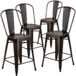 Emma and Oliver Commercial Grade 4 Pack 24" High Distressed Metal Indoor-Outdoor Counter Height Stool with Back
