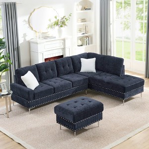 102'' Chenille Sectional Sofa with Reversible Chaise, Storage Ottoman, Metal Legs, Copper Nails, and Two White Pillows - 1 of 4