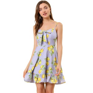 Allegra K Women's Floral Ruffle Bow Knot Lemon Spaghetti Strap Mini Sundress - 1 of 4