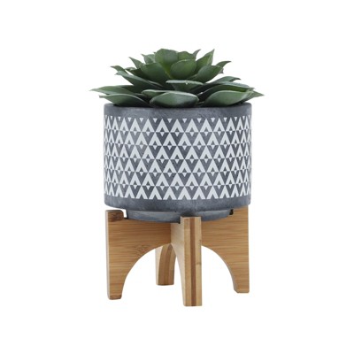VisioGear 6" Tall Round Design Planter with Wooden Stand, Plant Pots for Living Room, Bedroom, Gray, 5"*5"*6"