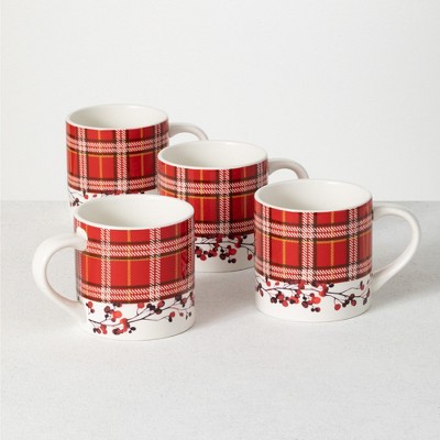 Sullivans Berry & Plaid Dolomite Mug Set of 4, 4"H Multicolored