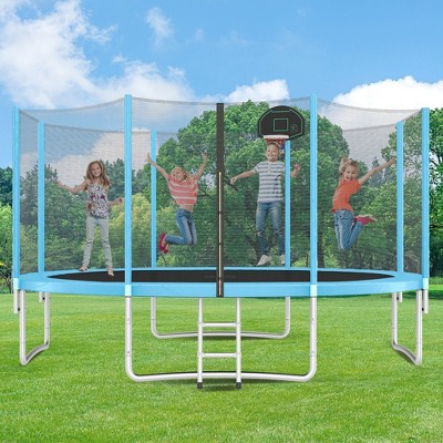 Whisen 14FT Round Trampoline for Kids, Safety Net, Basketball Hoop & Ladder, Easy Assembly Outdoor Play