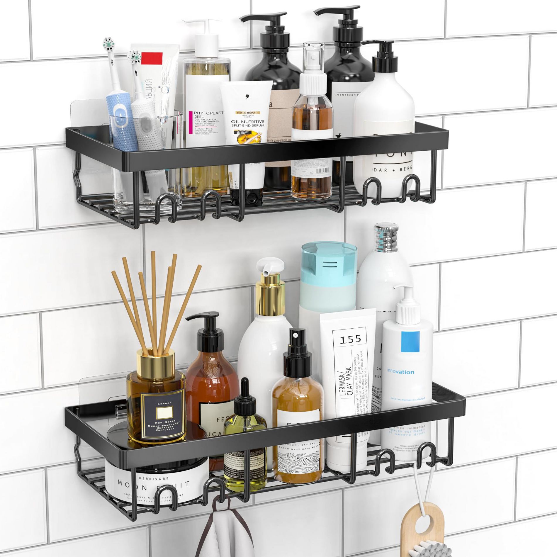 Aoibox Shower Caddy Shelf Organizer Rack, Self Adhesive Black Bathroom Shelves Basket,Wall Mount Storage Decor for Home Farmhouse Apartment Essentials