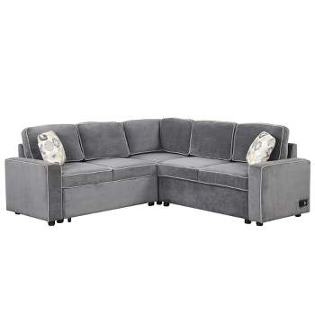 83" L-Shaped Modern Convertible Pullout Sofa Bed with 2 USB Ports, 2 Power Outlets, and 2 Pillows - ModernLuxe