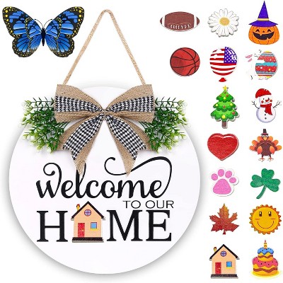 Attop Ultimate 4-Season Welcome Sign Kit: 16 Changeable Icons & Solid Wood Wreath for Year-Round Farmhouse Door Decor (White)
