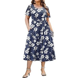 Zeagoo Women Plus Size Short Sleeve Dress Loose Summer Casual A-Line Flowy Midi Dresses with Pockets Floral Blue White 5X - 1 of 4