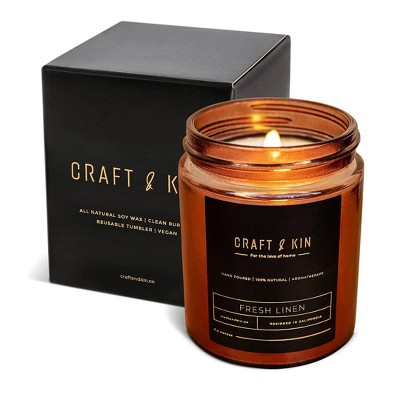 Craft & Kin Wood Wick, All-Natural Soy Aromatherapy Candle in Amber Glass Jar - 8 oz