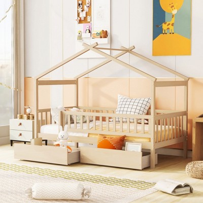 ALEXOUN Twin Size Kids Wooden Tent Bed with 2 Storage Drawers and Rails and Roof,for Kids Teens Girls & Boys,No Box Spring Needed
