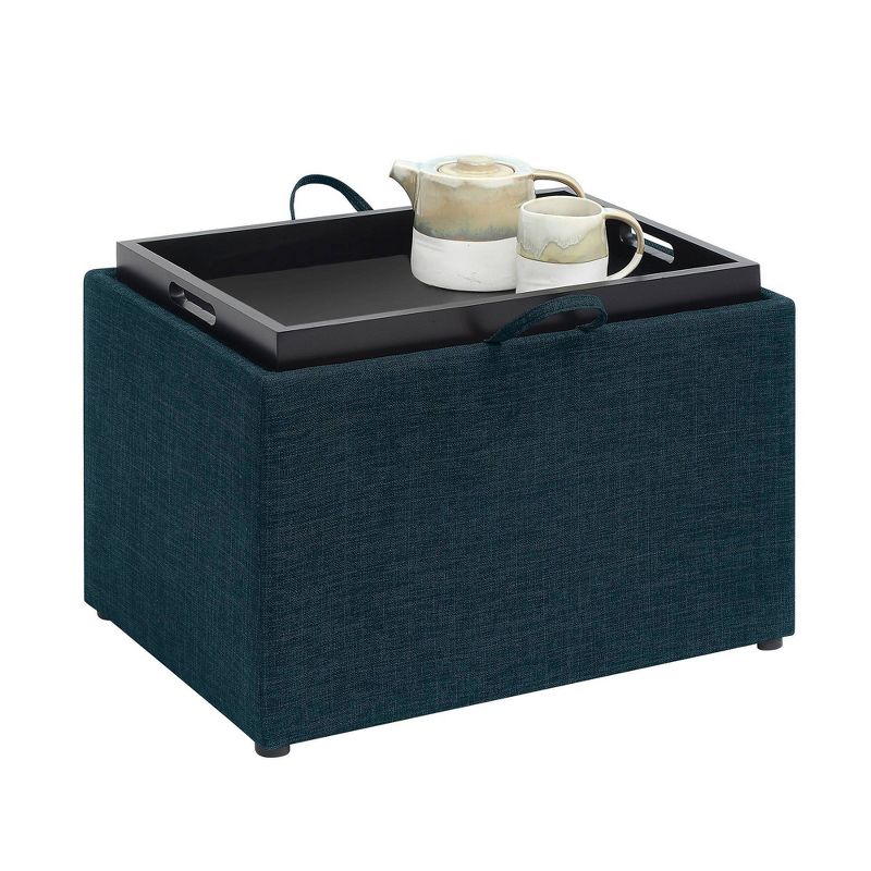 Breighton Home Luxe Comfort Storage Ottoman with Reversible Tray Top Lid Dark Blue Fabric, 3 of 7