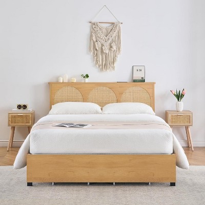 Natural Rattan Bed Frame with Headboard, Two Storage Shelves, LED Light Strip, Strong Slat Support, Noise-Free Design, No Box Spring Required.