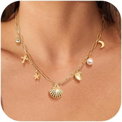 14K Gold Plated Layered Chain Set - Herringbone, Snake & Paperclip Chokers with CZ/Pearl/Cross Pendants, Dainty Gift for Women