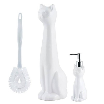 Allure Home Creations 3pc Cat Ceramic Toilet Brush Holder and Plastic Brush with Soap/Lotion Dispenser Cleaning Accessories Set White