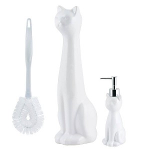 Allure Home Creations 3pc Cat Ceramic Toilet Brush Holder and Plastic Brush with Soap/Lotion Dispenser Cleaning Accessories Set White - 1 of 4