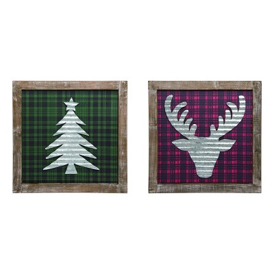 Transpac Wood 20 in. Multicolor Christmas Reindeer Plaid Wall Art Set of 2