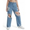 Mocamel Girl's Loose Washed Jeans Mid Waist Elastic Belt Straight Casual Ripped Wide Leg Design - 3 of 4