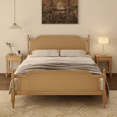 Grungis Traditional Queen Size Bed Frame,Rustic Style Solid Wood Bed with Headboard,Rattan Platform Bed for Bedroom